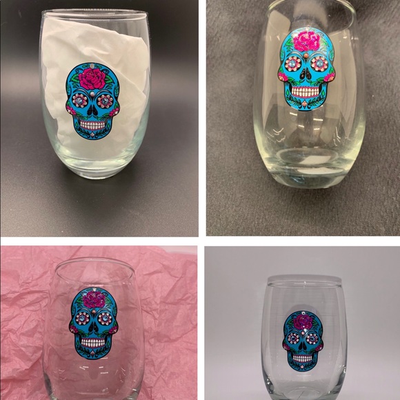BLING GLITTER & SWAROVSKI CRYSTALS BLUE & PINK SUGAR SKULL STEMLESS WINE GLASS - Picture 7 of 8